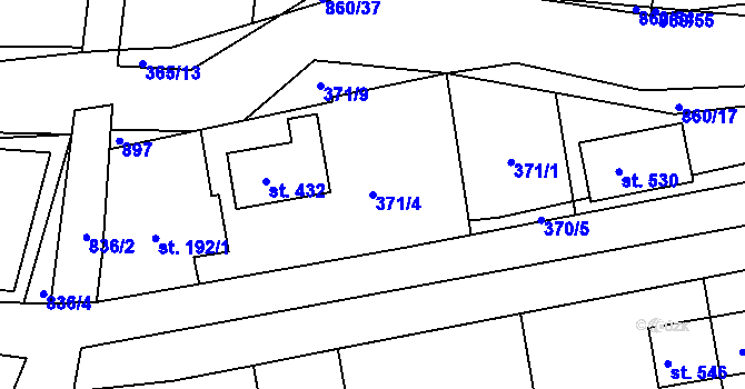 Parcela st. 371/4 v KÚ Břehy, Katastrální mapa