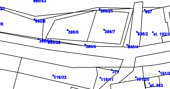 Parcela st. 386/5 v KÚ Břehy, Katastrální mapa