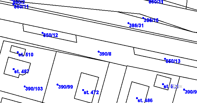 Parcela st. 390/8 v KÚ Břehy, Katastrální mapa