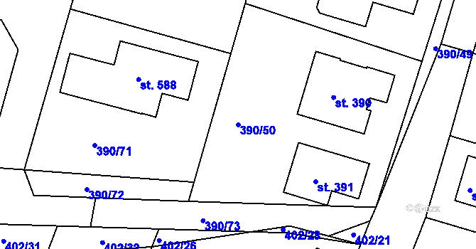 Parcela st. 390/50 v KÚ Břehy, Katastrální mapa