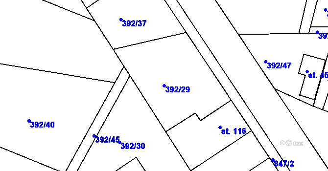 Parcela st. 392/29 v KÚ Břehy, Katastrální mapa