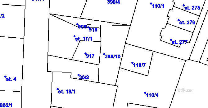 Parcela st. 398/10 v KÚ Břehy, Katastrální mapa