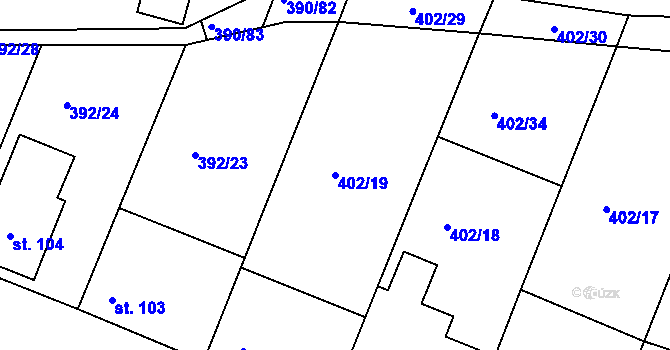 Parcela st. 402/19 v KÚ Břehy, Katastrální mapa