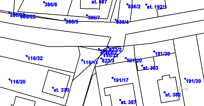 Parcela st. 116/33 v KÚ Břehy, Katastrální mapa