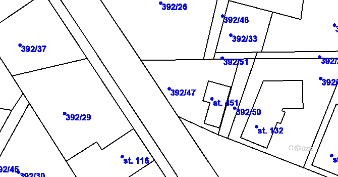 Parcela st. 392/47 v KÚ Břehy, Katastrální mapa