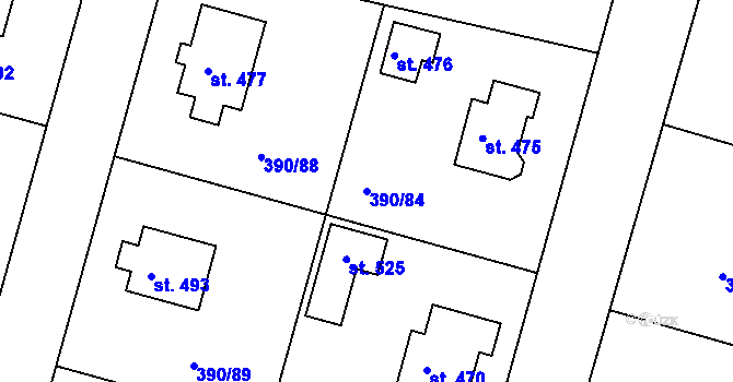 Parcela st. 390/84 v KÚ Břehy, Katastrální mapa