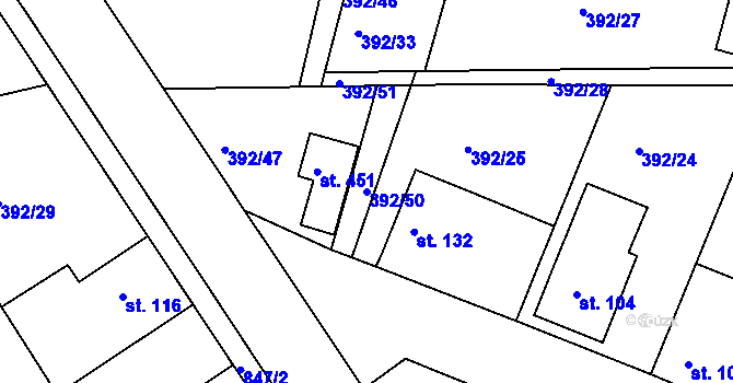 Parcela st. 392/50 v KÚ Břehy, Katastrální mapa