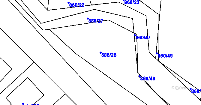 Parcela st. 386/26 v KÚ Břehy, Katastrální mapa