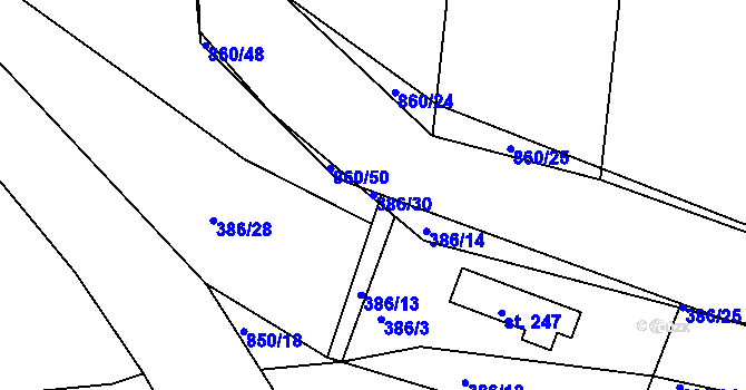Parcela st. 386/30 v KÚ Břehy, Katastrální mapa