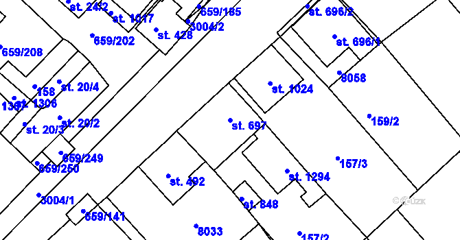 Parcela st. 697 v KÚ Březí u Mikulova, Katastrální mapa