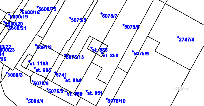 Parcela st. 850 v KÚ Březí u Mikulova, Katastrální mapa