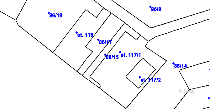 Parcela st. 86/15 v KÚ Březina u Rokycan, Katastrální mapa