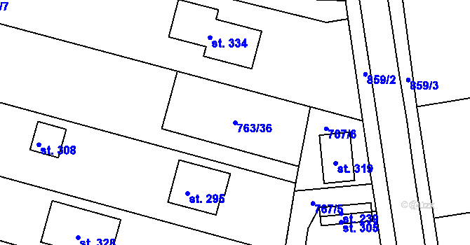 Parcela st. 763/36 v KÚ Březina u Rokycan, Katastrální mapa