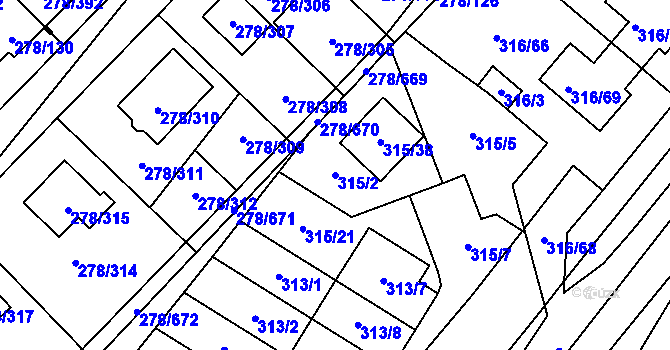 Parcela st. 315/2 v KÚ Proseč u Březiny, Katastrální mapa