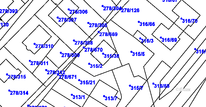 Parcela st. 315/38 v KÚ Proseč u Březiny, Katastrální mapa