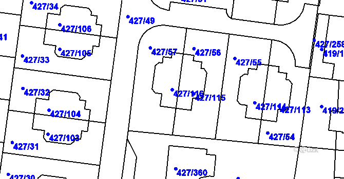 Parcela st. 427/116 v KÚ Březiněves, Katastrální mapa