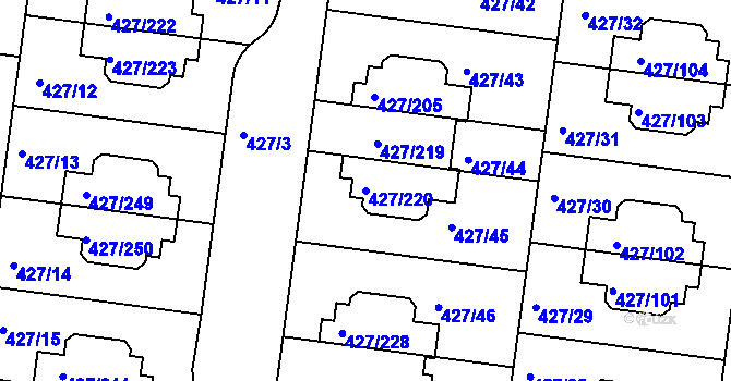 Parcela st. 427/220 v KÚ Březiněves, Katastrální mapa