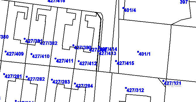 Parcela st. 427/413 v KÚ Březiněves, Katastrální mapa