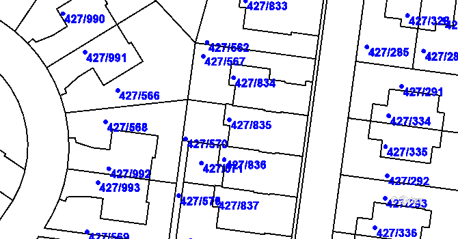 Parcela st. 427/835 v KÚ Březiněves, Katastrální mapa