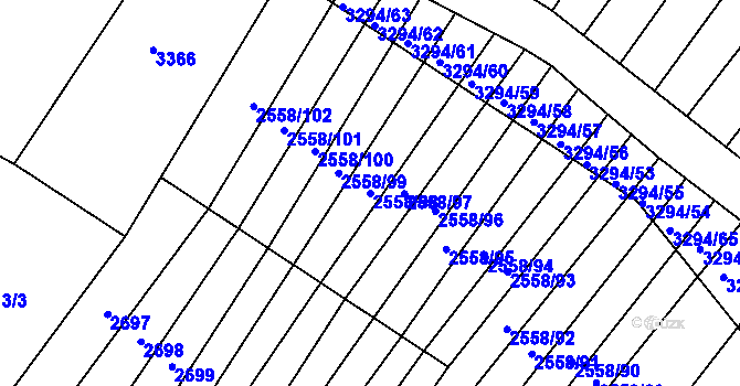 Parcela st. 2558/98 v KÚ Březník, Katastrální mapa