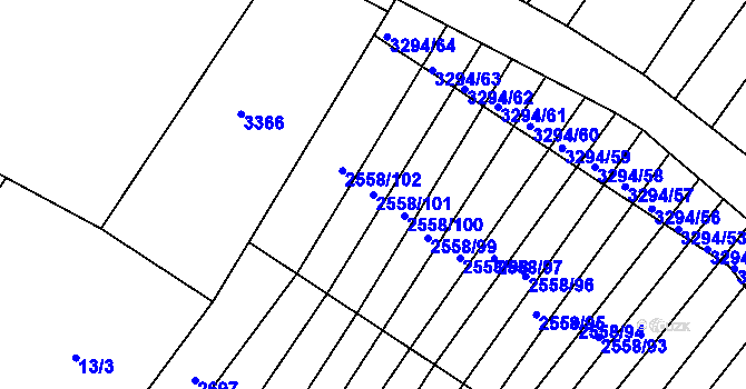 Parcela st. 2558/101 v KÚ Březník, Katastrální mapa