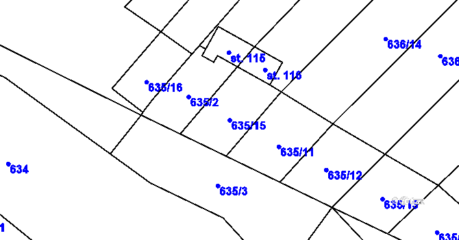 Parcela st. 635/15 v KÚ Kuroslepy, Katastrální mapa