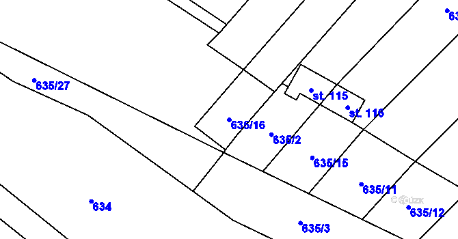 Parcela st. 635/16 v KÚ Kuroslepy, Katastrální mapa
