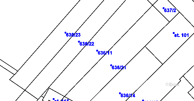Parcela st. 636/11 v KÚ Kuroslepy, Katastrální mapa