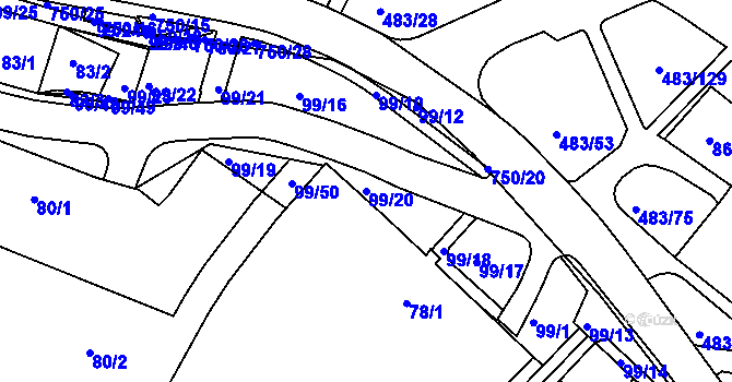 Parcela st. 99/20 v KÚ Březno u Chomutova, Katastrální mapa