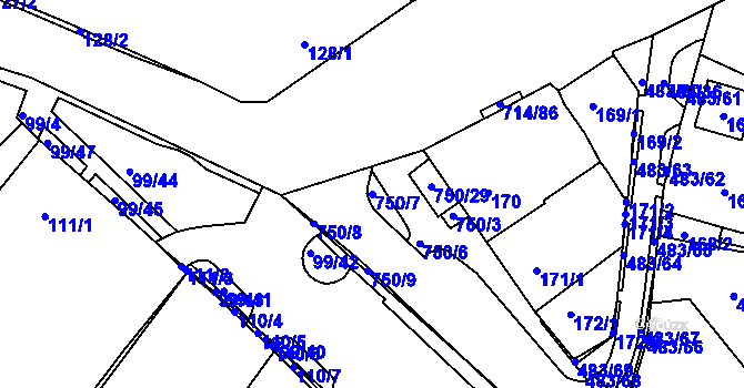 Parcela st. 750/7 v KÚ Březno u Chomutova, Katastrální mapa