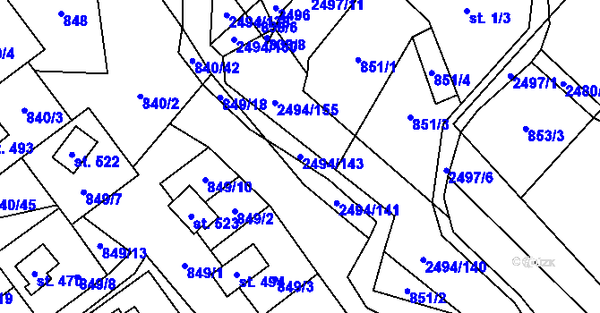 Parcela st. 2494/143 v KÚ Březová u Uherského Brodu, Katastrální mapa
