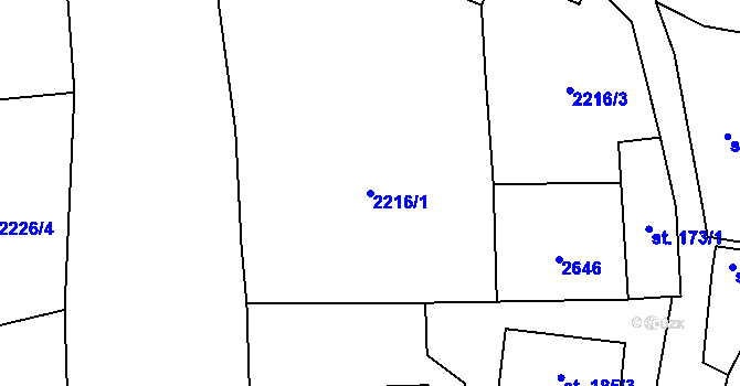 Parcela st. 2216/1 v KÚ Zářečí nad Svitavou, Katastrální mapa