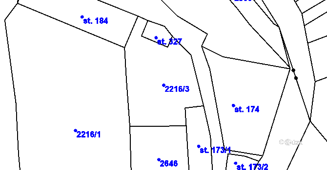 Parcela st. 2216/3 v KÚ Zářečí nad Svitavou, Katastrální mapa