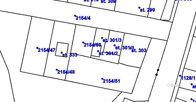 Parcela st. 301/2 v KÚ Zářečí nad Svitavou, Katastrální mapa
