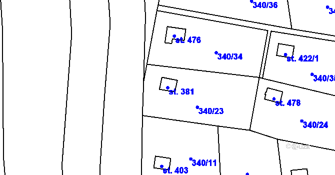 Parcela st. 381 v KÚ Březůvky, Katastrální mapa