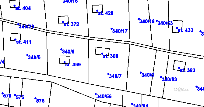 Parcela st. 388 v KÚ Březůvky, Katastrální mapa