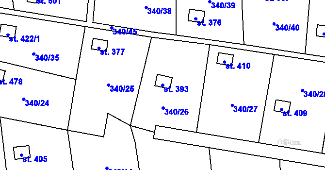 Parcela st. 393 v KÚ Březůvky, Katastrální mapa