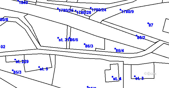 Parcela st. 86/3 v KÚ Březůvky, Katastrální mapa