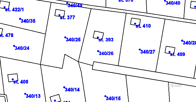 Parcela st. 340/26 v KÚ Březůvky, Katastrální mapa