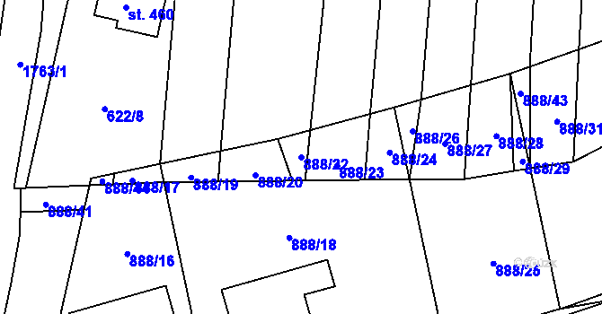 Parcela st. 888/22 v KÚ Březůvky, Katastrální mapa
