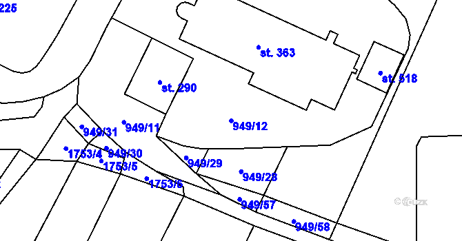 Parcela st. 949/12 v KÚ Březůvky, Katastrální mapa