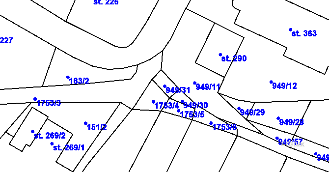Parcela st. 949/31 v KÚ Březůvky, Katastrální mapa