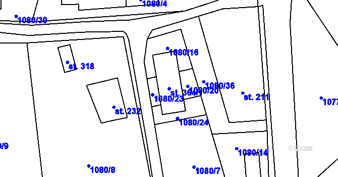 Parcela st. 364/1 v KÚ Březůvky, Katastrální mapa