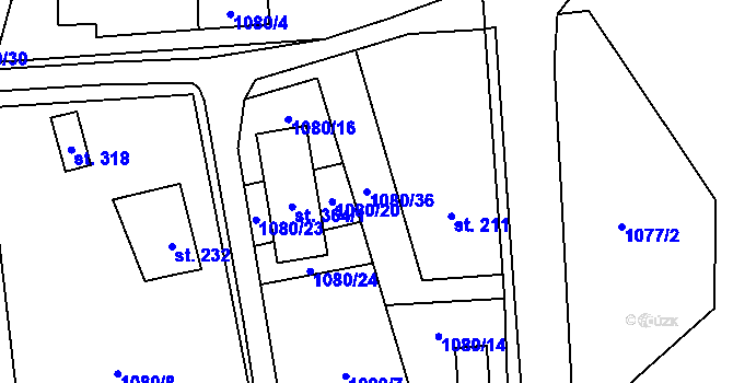 Parcela st. 1080/36 v KÚ Březůvky, Katastrální mapa