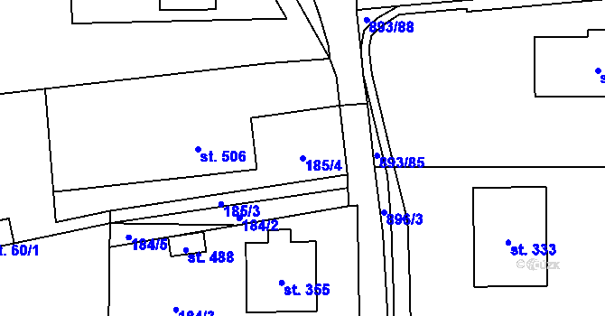 Parcela st. 185/4 v KÚ Březůvky, Katastrální mapa