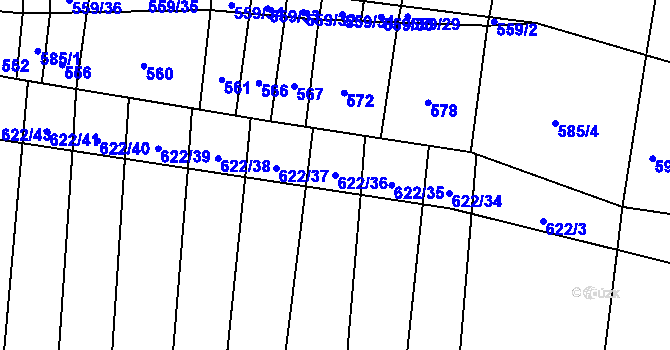 Parcela st. 622/36 v KÚ Březůvky, Katastrální mapa