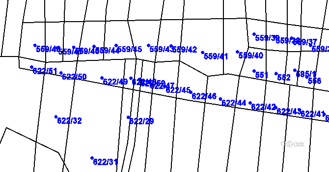 Parcela st. 622/45 v KÚ Březůvky, Katastrální mapa