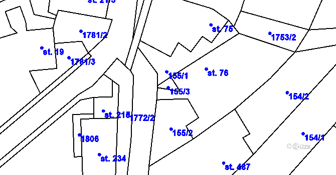 Parcela st. 155/3 v KÚ Březůvky, Katastrální mapa