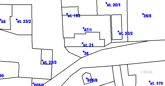 Parcela st. 21 v KÚ Chocenice u Břežan I, Katastrální mapa