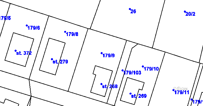 Parcela st. 179/9 v KÚ Břežany II, Katastrální mapa